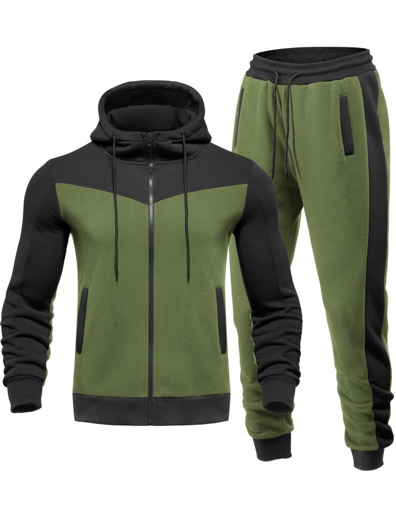 Men's Color Block 2pcs Outfits, Hooded Zip Breathable Casual Jacket and Casual Drawstring Sweatpants Set - Image 4