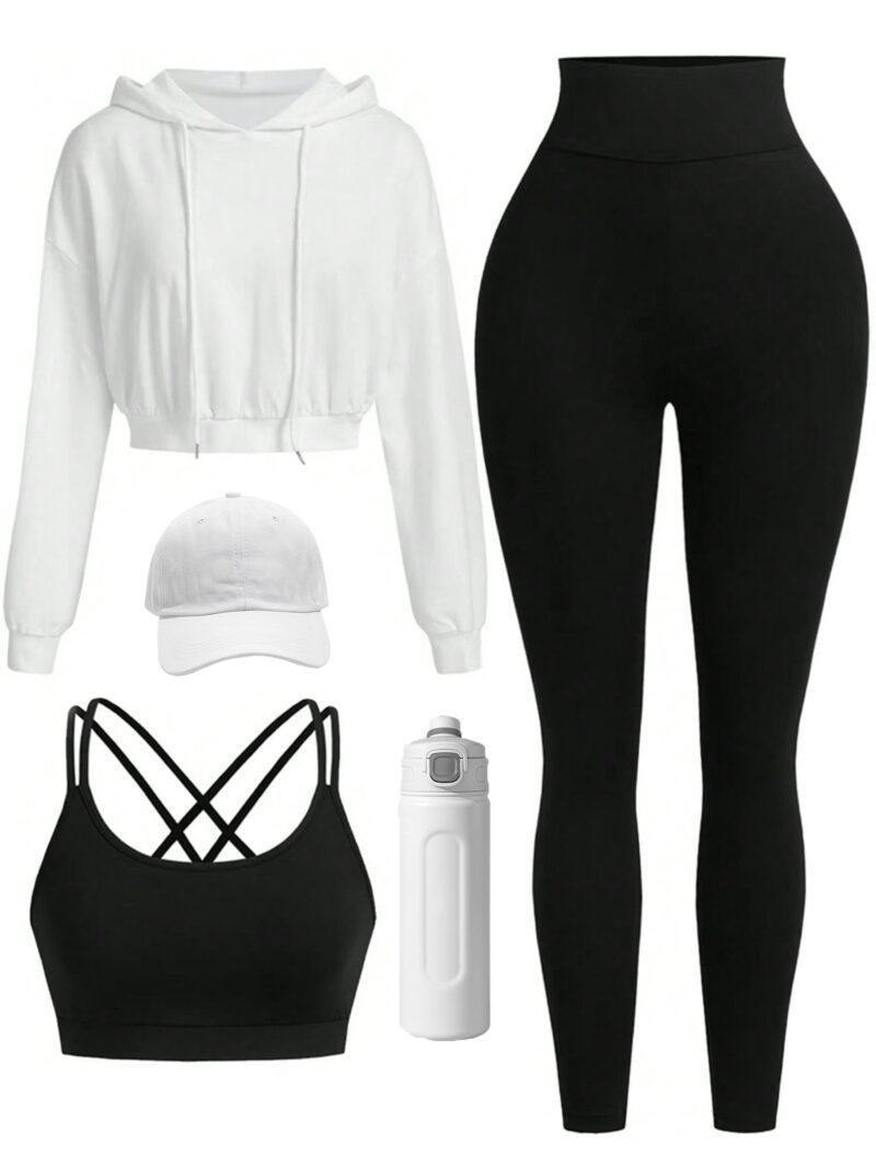 3pieces Women's Seamless Yoga Set - High-Waisted Workout Leggings + Crisscross Back Sports Bra + Drawstring Hooded Sweatshirt