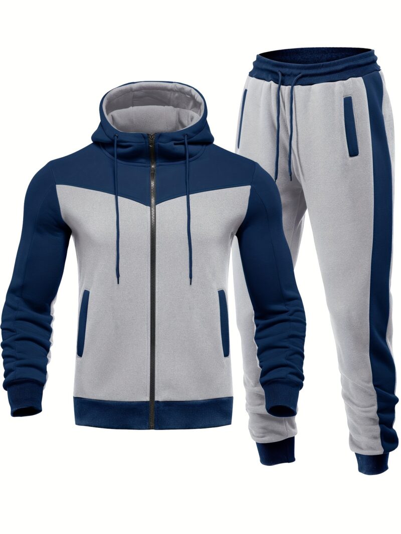 Men's Color Block 2pcs Outfits, Hooded Zip Breathable Casual Jacket and Casual Drawstring Sweatpants Set - Image 2