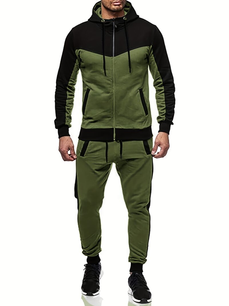 Men's Color Block 2pcs Outfits, Hooded Zip Breathable Casual Jacket and Casual Drawstring Sweatpants Set