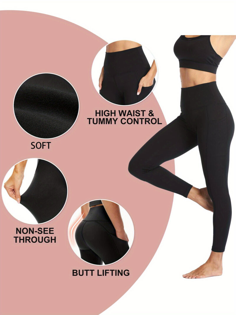 Five-pack women's yoga pants with side pockets leggings, solid color high-waisted soft yoga pants, tummy-tightening and slimming, suitable for exercise and running, a must-have for the gym. - Image 3