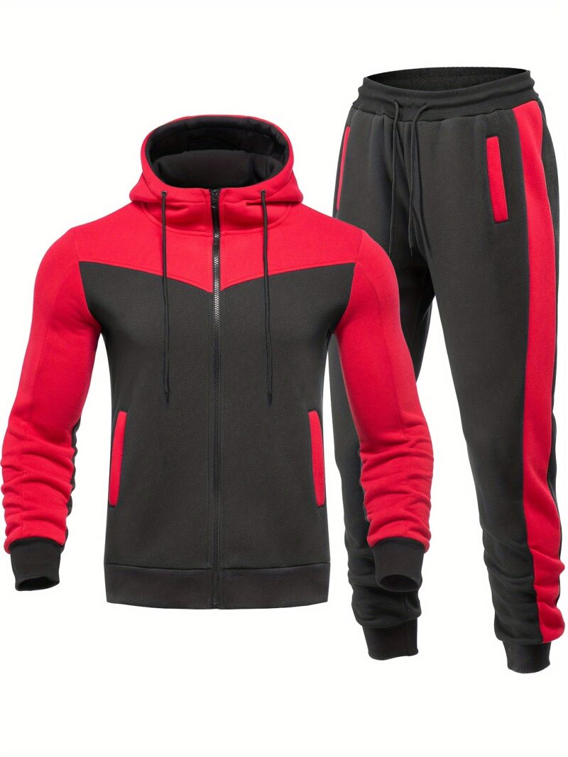 Men's Color Block 2pcs Outfits, Hooded Zip Breathable Casual Jacket and Casual Drawstring Sweatpants Set - Image 6