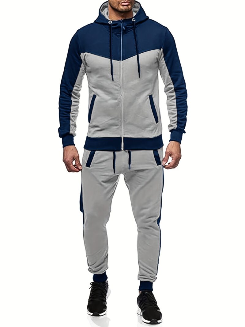 Men's Color Block 2pcs Outfits, Hooded Zip Breathable Casual Jacket and Casual Drawstring Sweatpants Set - Image 7