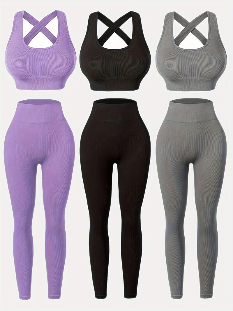 3pack High-Waisted Women's Yoga Leggings Set with Seamless, Breathable Fabric and Built-In Bra for All-Season Wear - Image 8