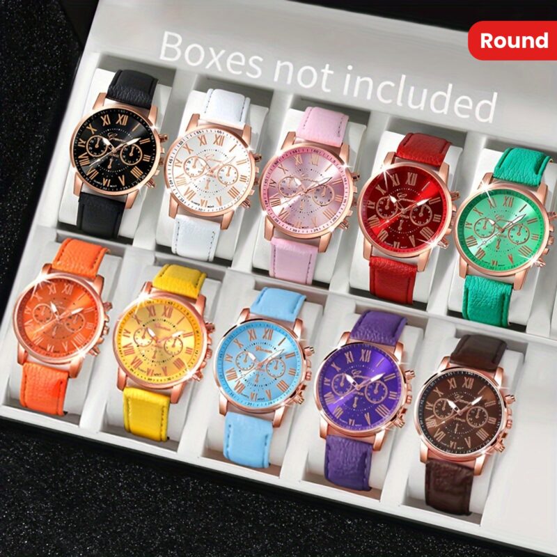 10-Piece Assorted Colors Quartz Wrist Watch Set - Round Zinc Alloy Case, PU Leather Band for Men and Women