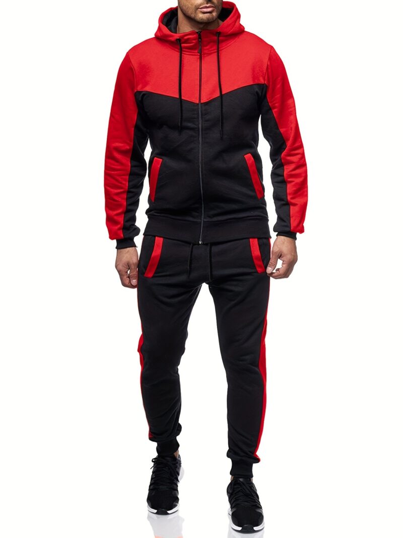 Men's Color Block 2pcs Outfits, Hooded Zip Breathable Casual Jacket and Casual Drawstring Sweatpants Set - Image 10