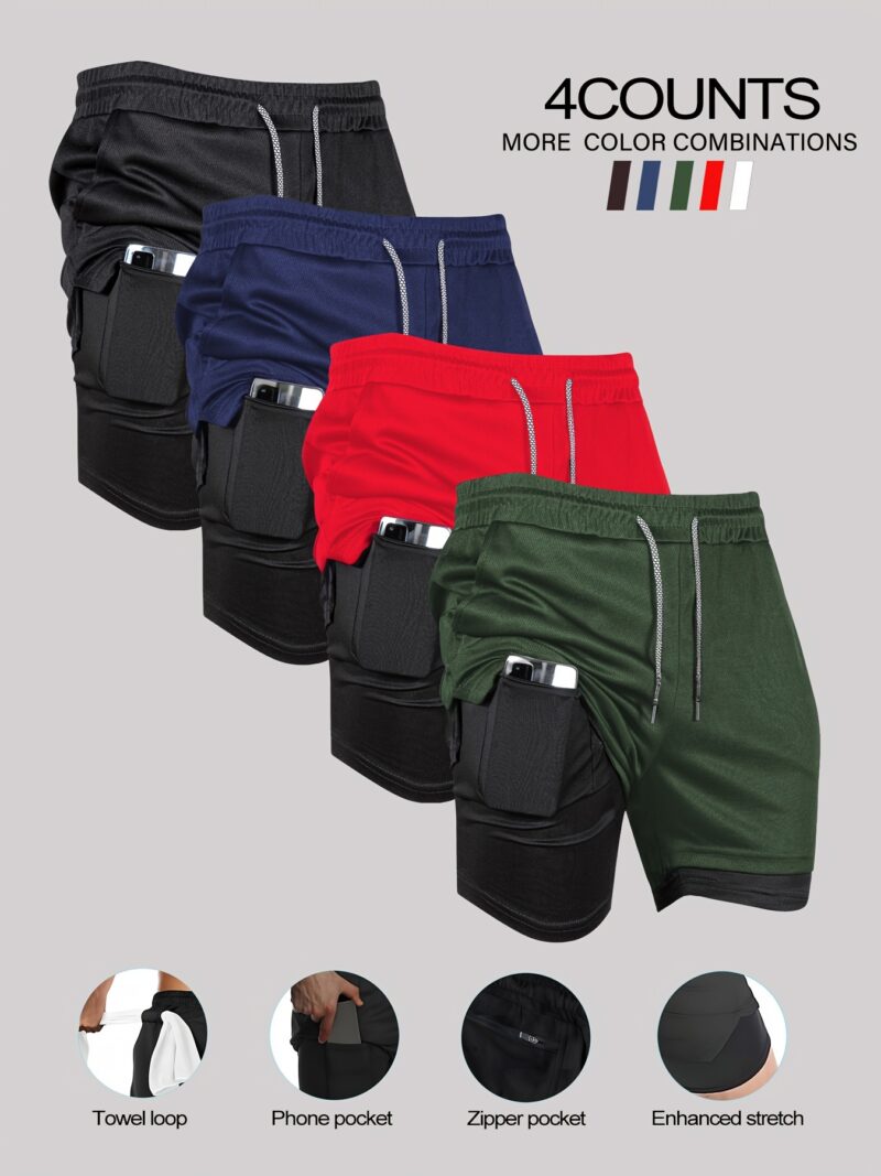 [Breathable Double-Layer Shorts] 4pcs Quick-Dry Breathable Double-Layer Shorts Ideal for Gym, Running, Hiking, and Everyday Activities