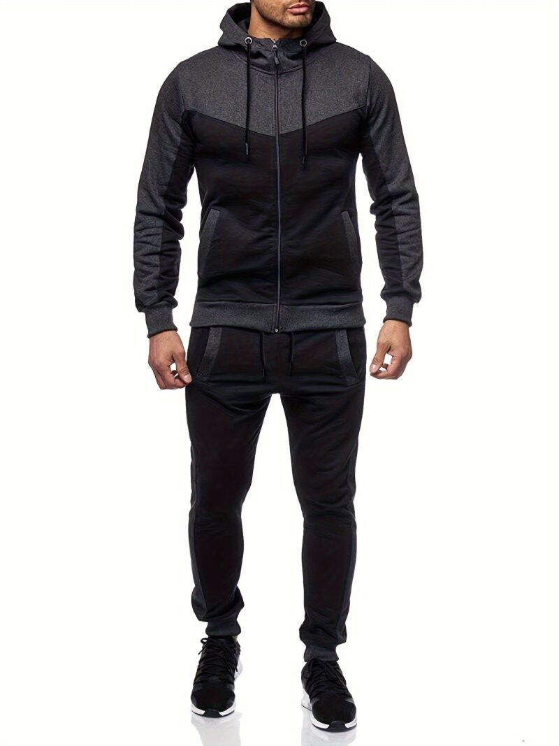 Men's Color Block 2pcs Outfits, Hooded Zip Breathable Casual Jacket and Casual Drawstring Sweatpants Set - Image 8