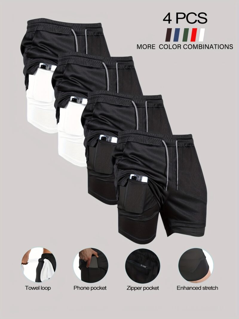 [Breathable Double-Layer Shorts] 4pcs Quick-Dry Breathable Double-Layer Shorts Ideal for Gym, Running, Hiking, and Everyday Activities - Image 9