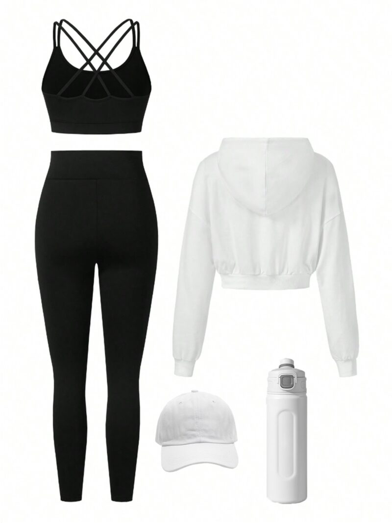 3pieces Women's Seamless Yoga Set - High-Waisted Workout Leggings + Crisscross Back Sports Bra + Drawstring Hooded Sweatshirt - Image 2