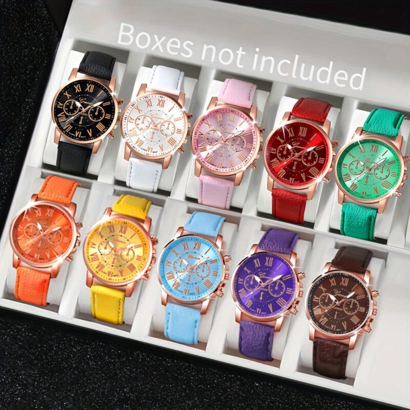 10-Piece Assorted Colors Quartz Wrist Watch Set - Round Zinc Alloy Case, PU Leather Band for Men and Women - Image 2