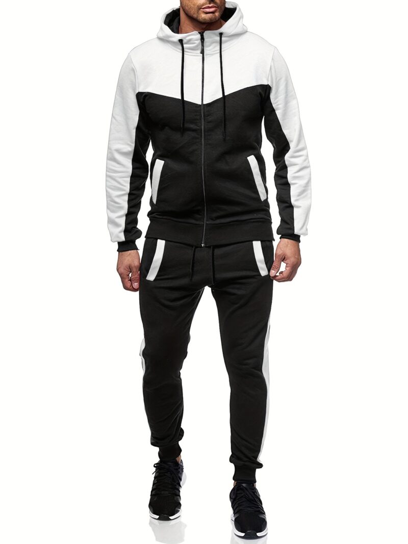 Men's Color Block 2pcs Outfits, Hooded Zip Breathable Casual Jacket and Casual Drawstring Sweatpants Set - Image 9