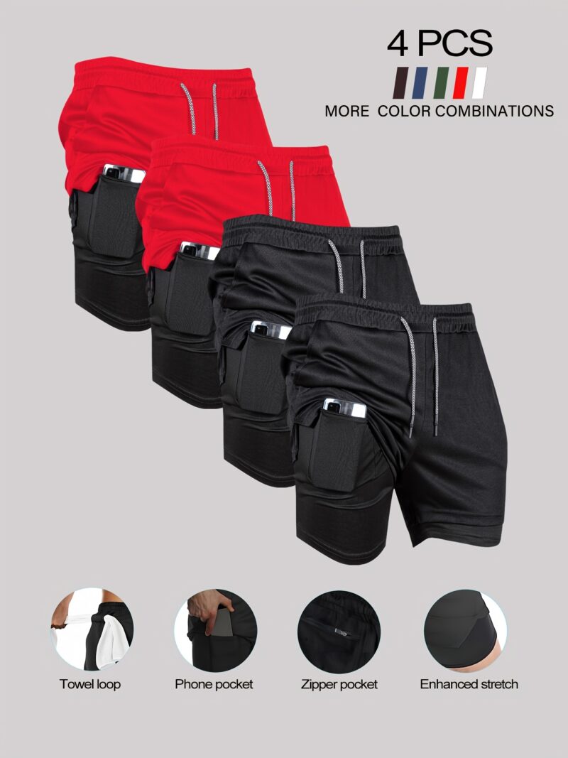 [Breathable Double-Layer Shorts] 4pcs Quick-Dry Breathable Double-Layer Shorts Ideal for Gym, Running, Hiking, and Everyday Activities - Image 8