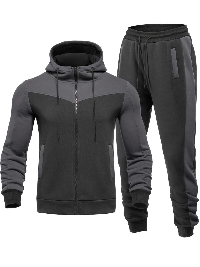 Men's Color Block 2pcs Outfits, Hooded Zip Breathable Casual Jacket and Casual Drawstring Sweatpants Set - Image 3