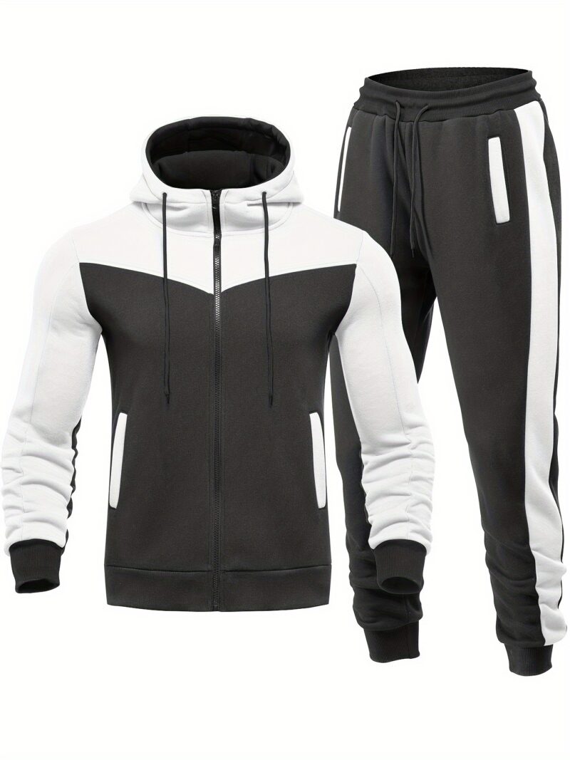 Men's Color Block 2pcs Outfits, Hooded Zip Breathable Casual Jacket and Casual Drawstring Sweatpants Set - Image 5