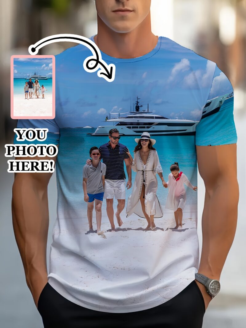 Customizable 3D Photo T-Shirt for Men & Women, Crew Neck, Casual Polyester Knit